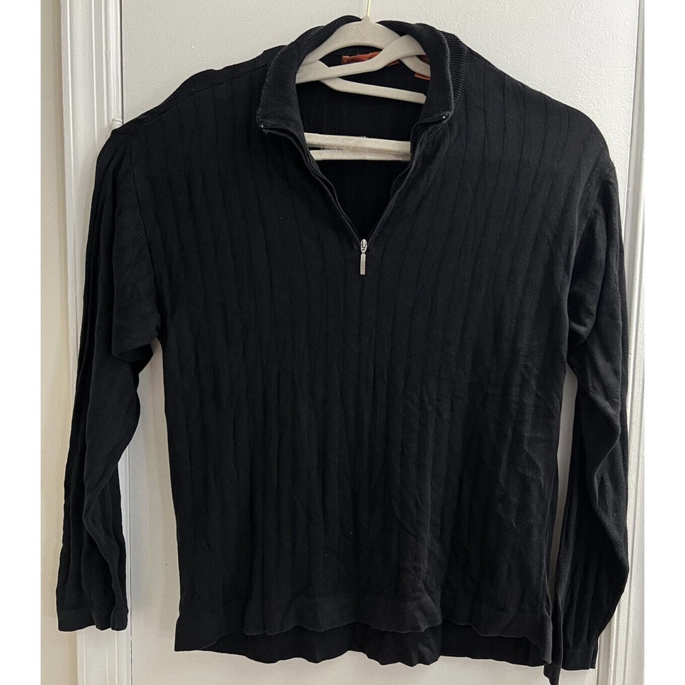 Sette Ponti Pullover 1/4 Zipper Black Striped Sweater Size Large - Made In Itay